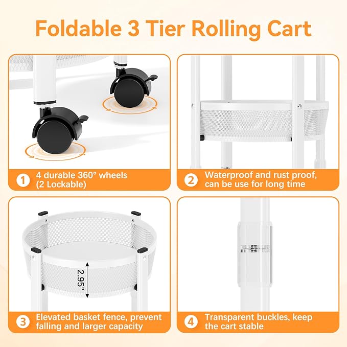 TOOLF 3 Tier Foldable Rolling Cart, Metal Utility Storage Cart, White | Assembly-Free, Lockable Wheels, Round Trolley Organizer for Bathroom, Kitchen, Office, Dorm, Laundry, Craft Room - Image 5
