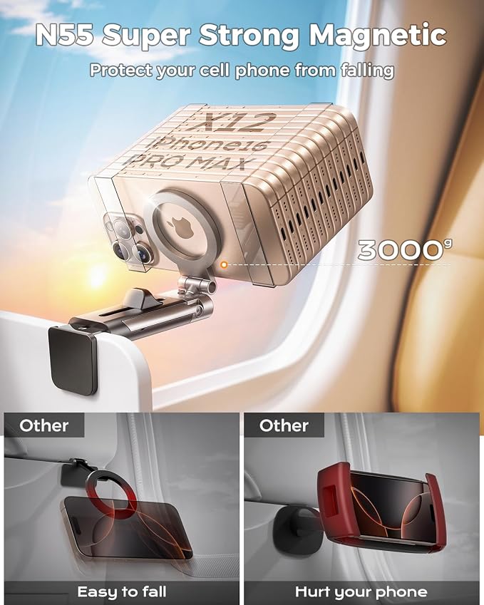 DIMONCOAT for Metal Magsafe Airplane Phone Holder, Travel Essentials Mount | [24*N55 Ultra Magnetic] 360° Adjustable Hands-Free Flying Phone Stand for Women Men, for iPhone 17 16 15 Pro Max - Image 3