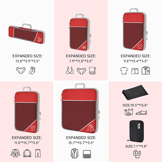 NiHome 7PCS Compression Packing Cube Set Expandable Mesh Travel Bag Luggage Organizers with Electronic Cable Cord Charger Organizer Drawstring Bag (Red) - Image 4
