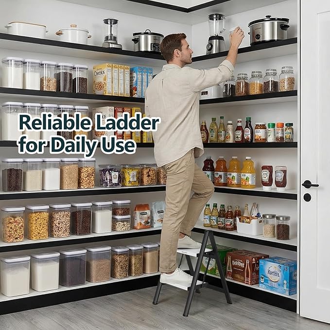 2 Step Ladder, Foldable Step Stool, 300lbs Load, Black & White | Folded 27''H x 3''T; Net 6.9 lbs; Rigid Aluminum Steps; No Assembly; For Home, Kitchen, Office, Pantry, Closets, Cabinets - Image 7