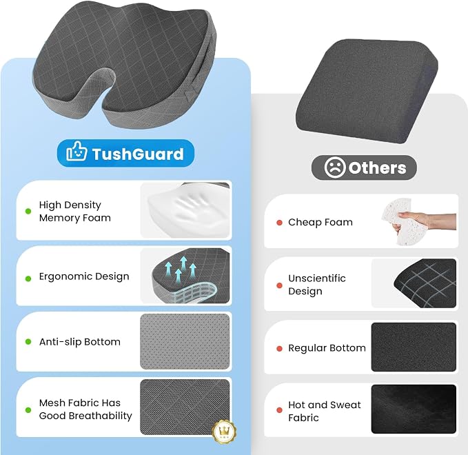 Memory Foam Office Chair Seat Cushion - Dark & Light Grey, Large | for Car Seat, Airplane, Desk Chair - Sciatica & Hip & Coccyx Pain Relief Cushion for Long Sitting Office Workers, Car Drivers - Image 6