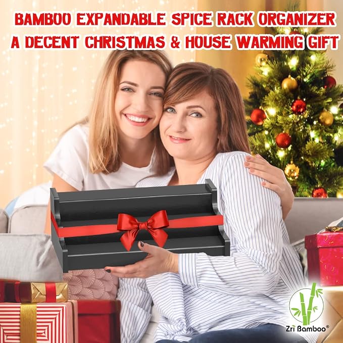 Spice Rack Organizer For Cabinet - 3 Tier Black Bamboo Wooden Expandable Display Shelf from 12.70 to 22.20 inch - Image 4