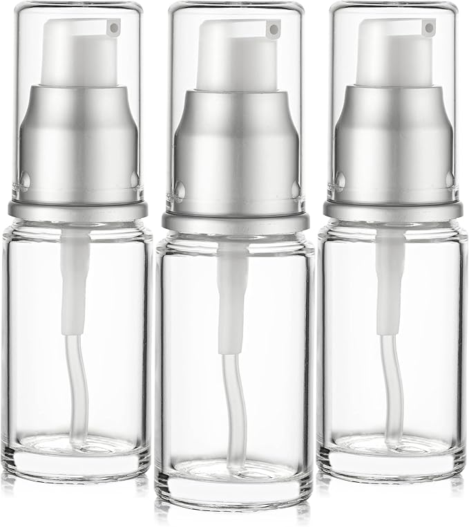 0.5 Oz 15ml Refillable Luxury Clear Glass Lotion Travel Pump Bottle with Silver Cap for Cosmetics, Lotion, Body Cream, Sanitizers, Cream, Foundation (Pack of 3) | Silver Cap, Luxury, Serum, Foundation, Body Cream, Sanitizer, Cosmetics, Travel by Vitalup