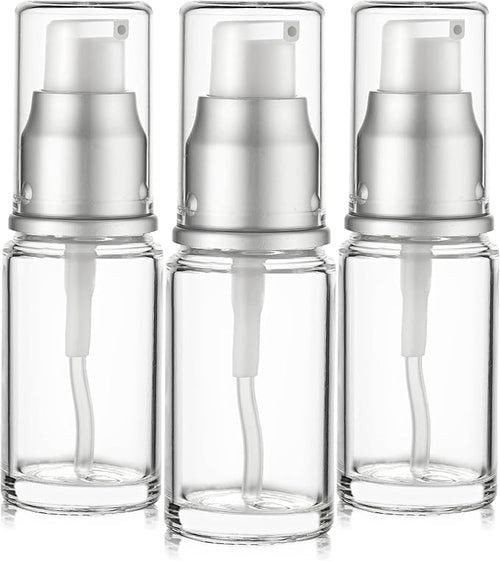 0.5 Oz 15ml Refillable Luxury Clear Glass Lotion Travel Pump Bottle with Silver Cap for Cosmetics, Lotion, Body Cream, Sanitizers, Cream, Foundation (Pack of 3) | Silver Cap, Luxury, Serum, Foundation, Body Cream, Sanitizer, Cosmetics, Travel by Vitalup
