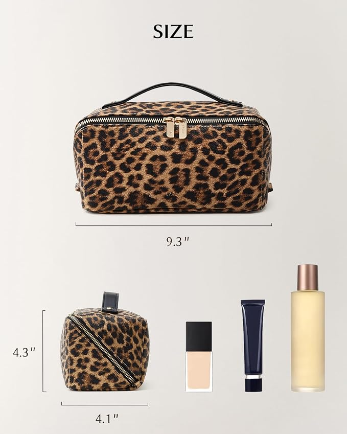 EACHY Travel Makeup Bag for Women, Flat Open Leopard Print Cosmetic Bag | Leopard-print PU leather cosmetic bag opens flat with dividers and clear TPU brush pocket for makeup and travel essentials - Image 5