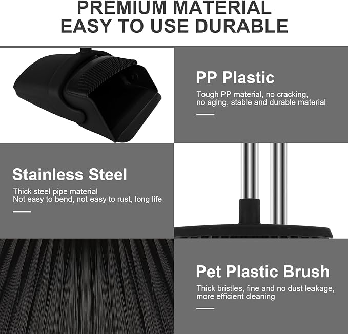 Black Broom and Dustpan Combo Set, 51" Long Handle Broom | Hands-Free Pet Hair Cleaning, Built-in Comb Dustpan, Space-Saving Storage, Multi-Surface Use for Home, Kitchen & Office - Image 4