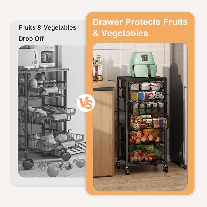 6-Tier Kitchen Storage Cart -Fruit Vegetable Storage Cart with Drawers, Wooden Top Metal Wire Kitchen Organizer and Storage Cart with Wheels to Storage Onions Potatoes Cans Snacks for Kitchen - Image 8