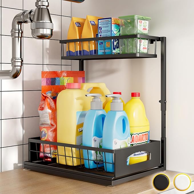 Under Sink Organizer, 1-Pack L-Shaped Metal Pull-Out Drawers for Kitchen | Cabinet Organizer Height Adjustable Heavy Duty Metal 2-Tier Storage Fits Beside Common Pipes for Bathroom Pantry - Image 9