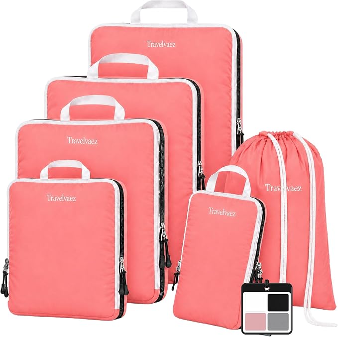 6 Set Large Compression Packing Cubes for travel. | Durable, Expandable and Lightweight Packing Cubes for Travel Compression with Laundry bag, Dusty Pink. by Unknown