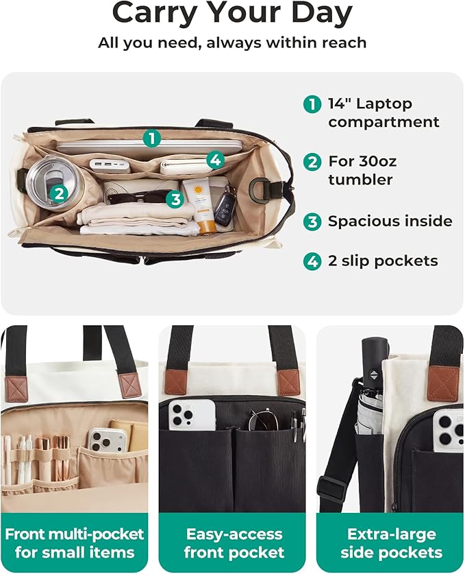 BAGSMART Canvas Tote Bag for Women, Small Work Tote Bag with Zipper | 30oz/40oz Tumble & 11 Pockets Travel Tote, Teachers/Nurses, Lightweight Canvas or Water-Resistant Puffer Taslon Crossbody Bag - Image 3