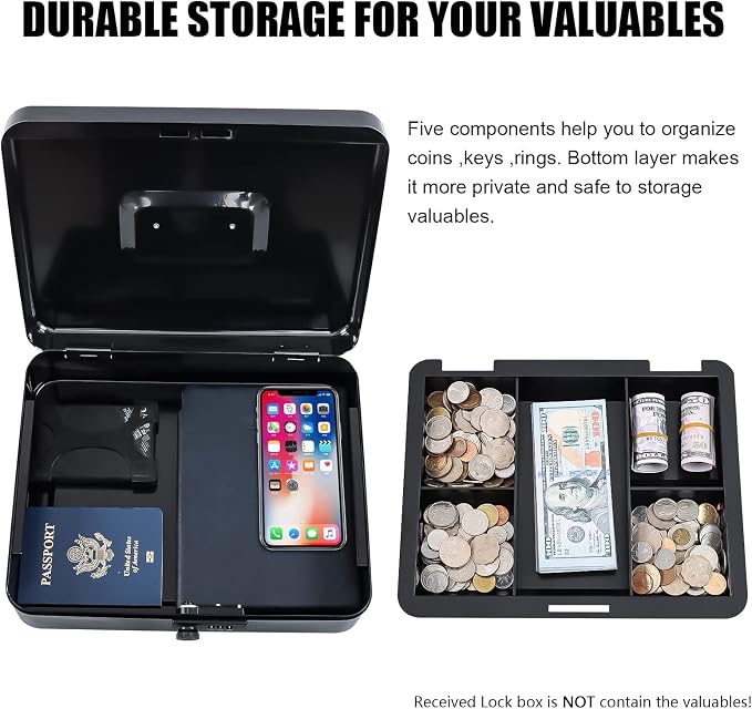 KYODOLED Metal Cash Box with Combination Lock Money Box for Cash Safe Metal Box with Money Tray for Security Lock Box 11.81"x 9.45"x 3.54" Black X Large - Image 5