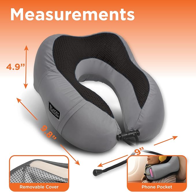 BLACK+DECKER Cooling Gel Memory Foam Neck Pillow – Travel Pillow for Plane, Car & Train – Ergonomic Neck Support, Slow Rebound Memory Foam, Washable Cover, Universal Fit, Grey - Image 5