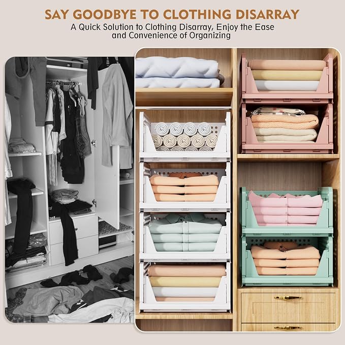 8 Pack Closet Organizers and Storage, Stackable & Foldable Closet Bins | Closet Storage Basket for Bathroom, Kitchen, Laundry Room, Drawer Shelf & Wardrobe Storage, Space-Saving Design, White - Image 8