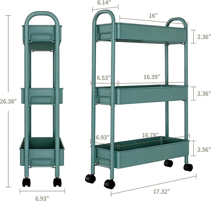 Slim Rolling Cart, Metal Frame Utility Rolling 3-Tier Narrow Storage Cart | Kitchen Storage Organizer, Mobile Shelving Unit for Bathroom Kitchen - Image 2