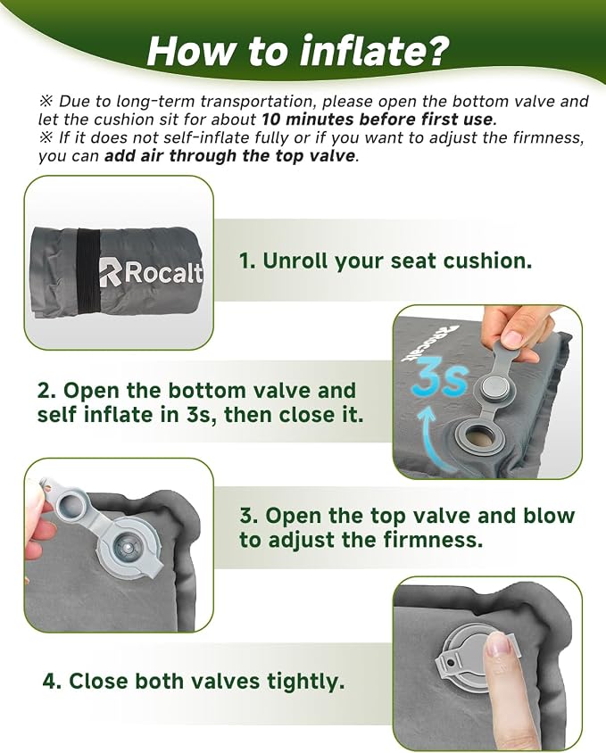 Rocalt Self Inflating Seat Cushion for Airplane Seats and Bleachers | 3s valve inflation, 0.44 lb pack, 17.1 x 13.8 x 2 in support, TPU fabric, for flights, stadiums and camping - Image 4