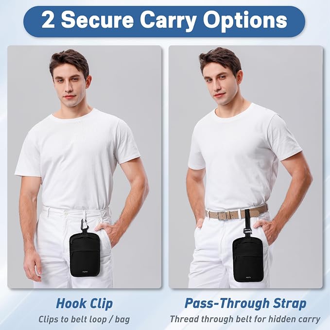 Anti-Theft Belt Waist Travel Wallet Hidden Passport 3-Zone Clip Carabiner | Water-resistant fabric with RFID blocking liner, fits passport, tickets, cards, and cash in 3 zones - Image 4