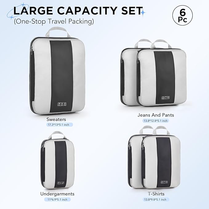 OlarHike 6 Set Compression Packing Cubes for Travel Essentials,Compressible Expandable Space Saver Bags for Organizing Clothes,Luggage Suitcase Garment Bags with Over 1000 pcs Mesh Holes(Black) - Image 2