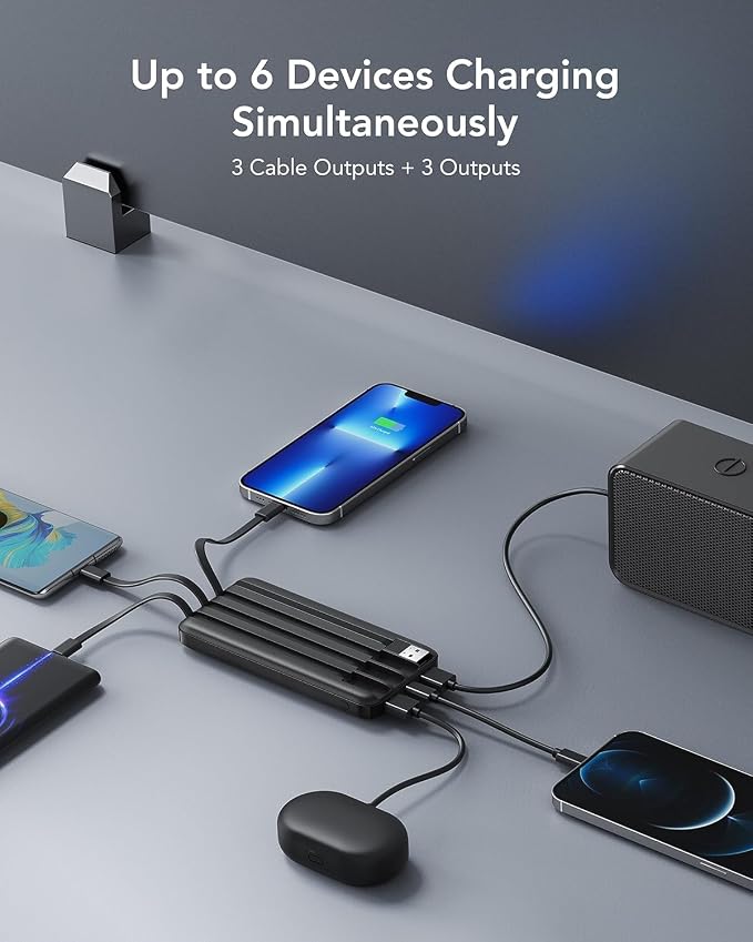 charmast Portable Charger Power Bank with Reinforced Built-in 4 Cables | 10000mAh,6 Outputs 3 Inputs,Travel Essentials,Carry-on Only,3A Fast Charging Portable Phone Charger for iPhone Samsung Pixel - Image 6