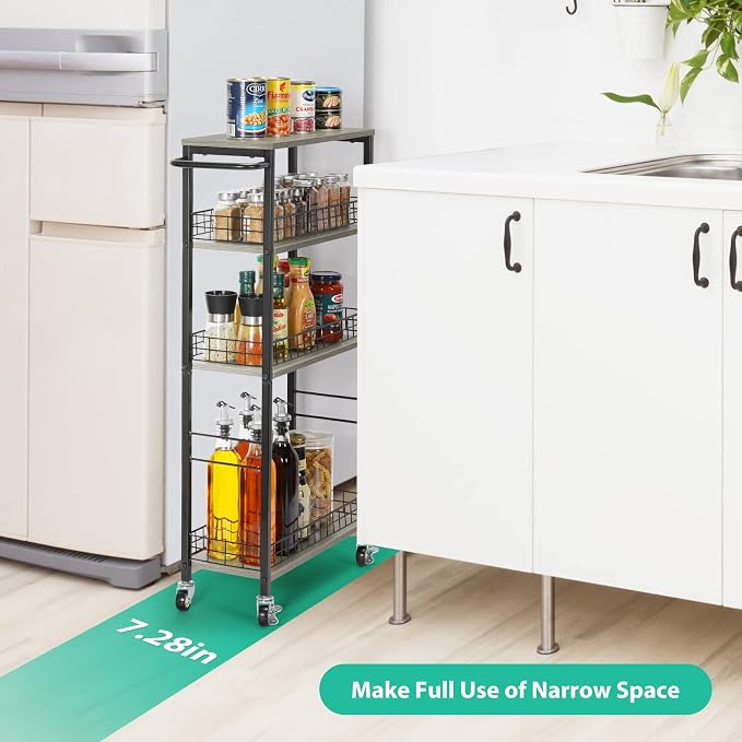 YBING Slim Storage Cart 4 Tier Narrow Rolling Cart, 7.3'' Wide | Mobile Kitchen Narrow Cart, Wooden Tabletop, With Handle, For laundry Living Room, Grey - Image 2