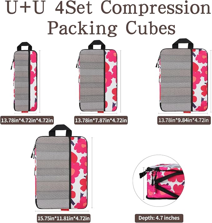 U+U 4 Set Compression Packing Cubes, Travel Organizers (Red Flower) | Space-Saving & Lightweight Travel - Image 3