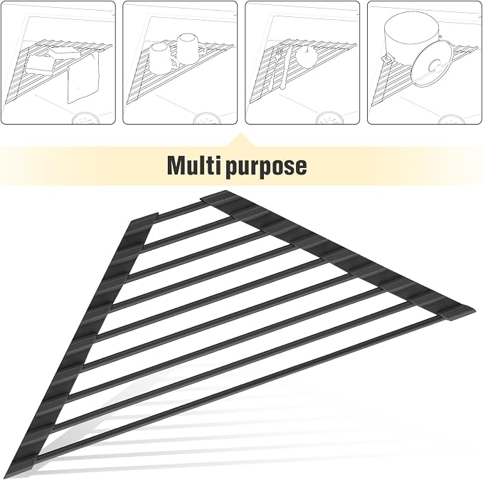 Tomorotec Triangle Roll Up Dish Drying Rack with Silicone Coating, Black | 304 Stainless Steel with BPA-Free Silicone, Triangle Design Maximizes Sink Corner Space, Fits Compact Kitchens And RVs - Image 7