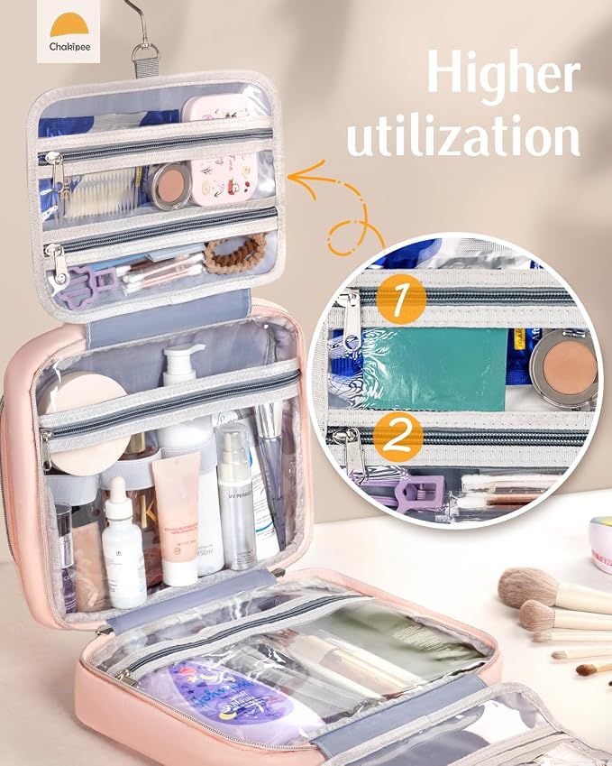 Travel Hanging Toiletry Bag for Women - Waterproof Cosmetic Organizer with Clear Window, Lightweight Bathroom Bags for Essentials, Makeup, Shampoo, Toiletries Pink,Large - Image 4