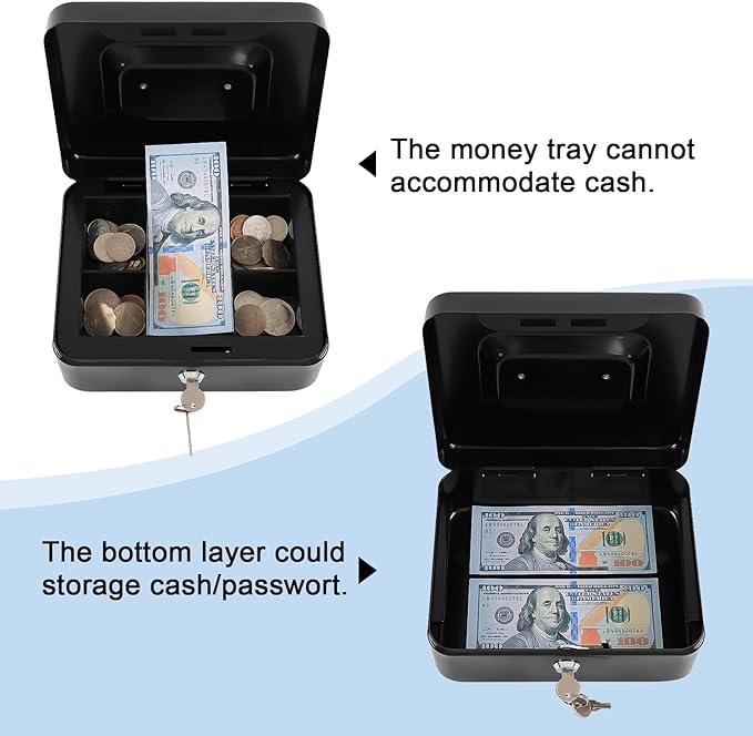 KYODOLED Small Metal Lock Box with Key for Cash and Medication, 2 Keys | Portable Handle, Removable Coin Tray, Lower Storage for Bills and Small Items, Ideal for Gifting, 7.87 x 6.3 x 3.35 in, Black - Image 4