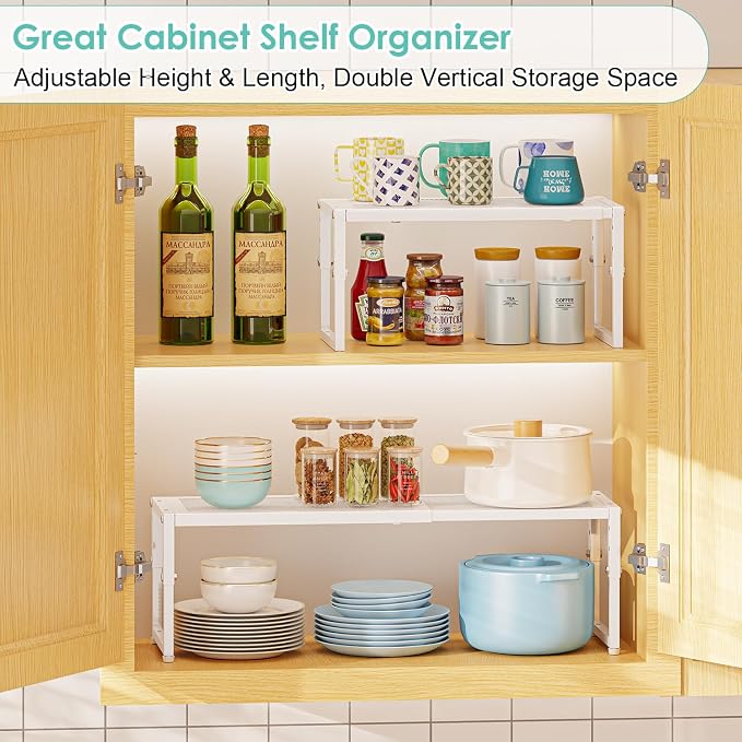 2 Pack Expandable Cabinet Shelf Organizer, Adjustable Kitchen Countertop Metal Storage Shelves Organizers, Stackable Kitchen Counter Pantry Cupboard Storage Rack, 30LBS Load Capacity,15.5"-25.5" Long - Image 4