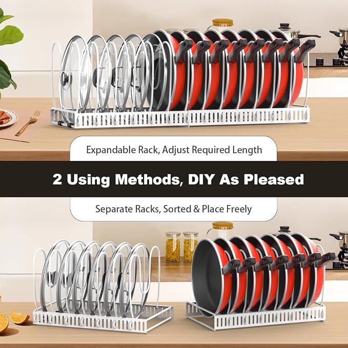 Housolution Pot and Pan Lid Organizer Holder Storage Rack, White | 12"-23" Expandable, 14 Adjustable Dividers, Sturdy Metal Construction, Easy Assembly - Image 4