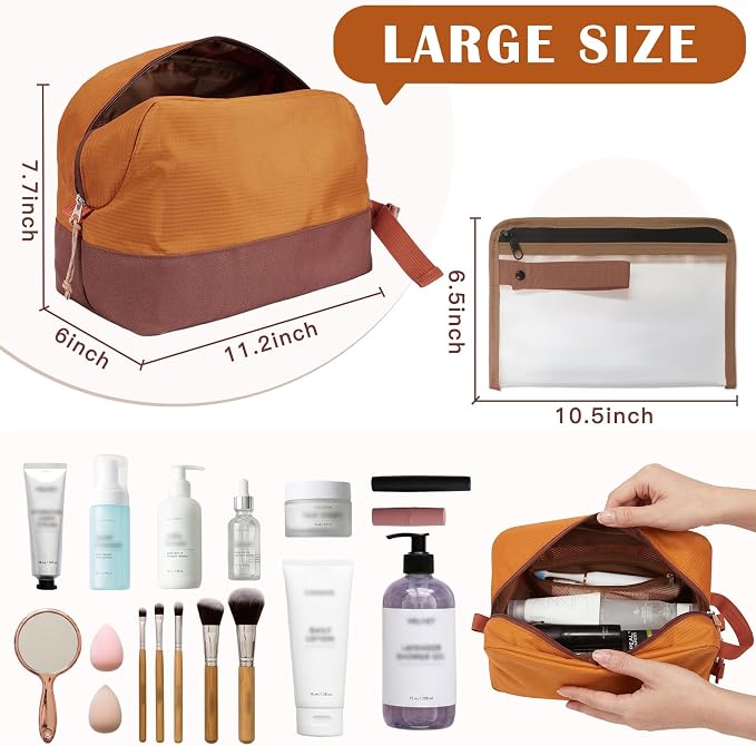 Waterproof Makeup Bag For Women Men,Two-Tone Colorblock Travel Toiletry Bag With Wet Pocket & Removable Transparent Bag, 8L Large Capacity Lightweight Vacation Essentials (Dusk Orange+Dark Brown) - Image 2