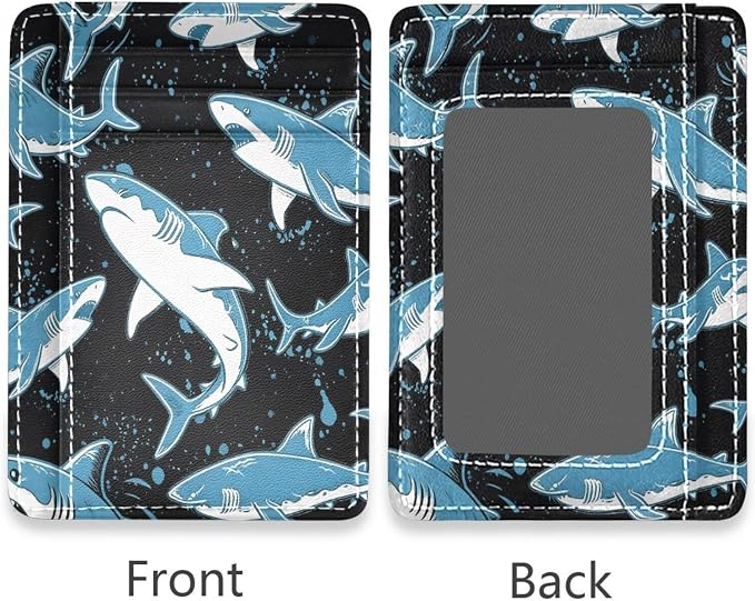Front Pocket Minimalist Leather Slim Wallet Credit Card Holder Blue Shark for Men & Women - Image 2