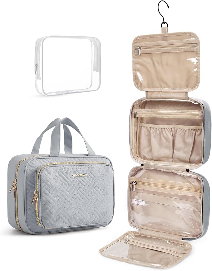 BAGSMART Toiletry Bag Hanging Travel Makeup Organizer with TSA Approved Transparent Cosmetic Bag Makeup Bag for Full Sized Toiletries, Medium-Grey by BAGSMART