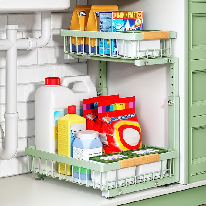 Kitstorack Under Sink Organizer, 2 Tier Under the Sink Storage, Slide out Pull out Cabinet Organizer Shelf, Metal Sliding Drawer for Kitchen Bathroom Pantry Closet Organization Rack, Green, 1 Pack by Kitstorack