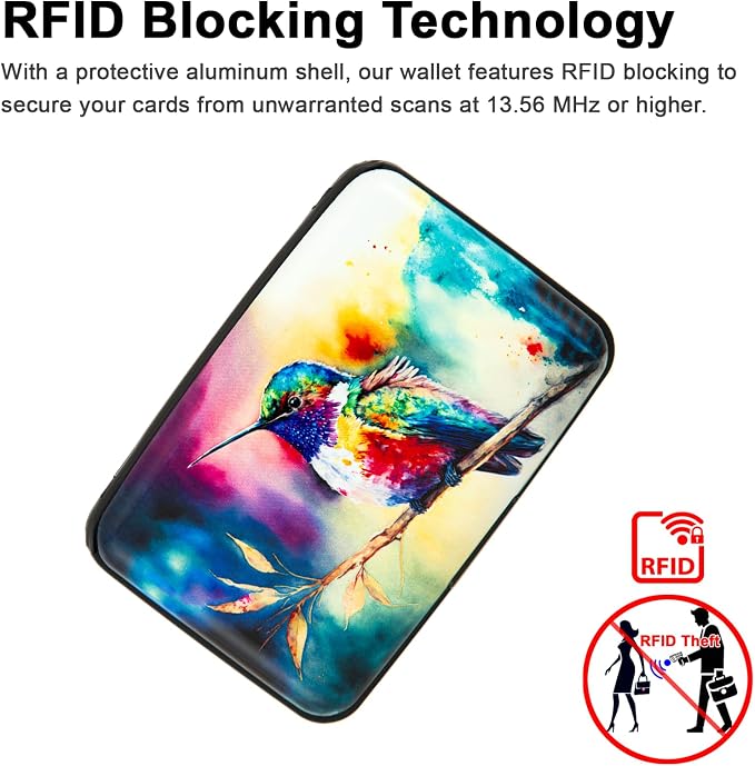 Credit Card Holder for Women Men RFID Blocking Wallet Small Business Metal Slim Mini Aluminum Hard Case (Watercolor Painting Hummingbird) - Image 2