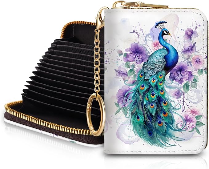 Blusabaca RFID Credit Card Holder Small Women Travel Wallet, Peacock | Removable Keychain, Case with Zipper, Vegan PU Leather, Cash Coin Pocket, Business Accordion Purse, Ladies Female Gift by Blusabaca