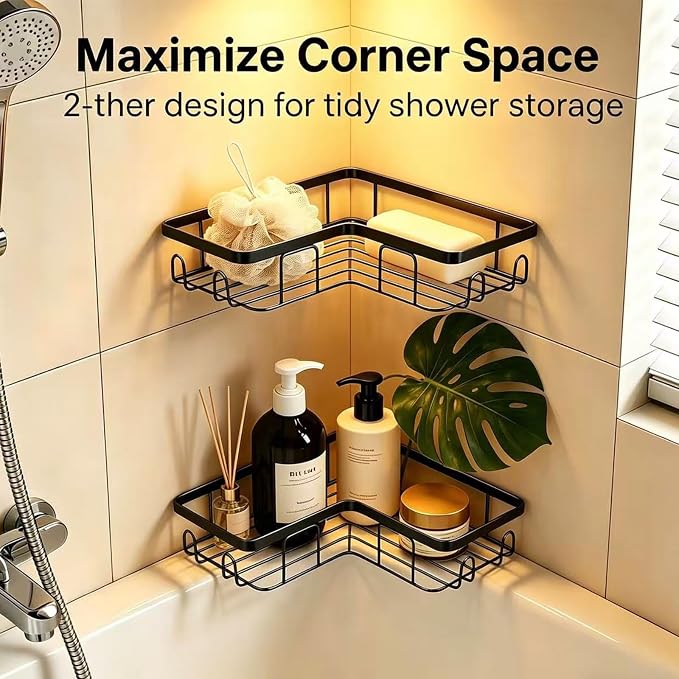 Shower Caddy 3 Pack, No Drilling Adhesive Bathroom Organizer Shelf Rack, Corner Shower Shelf with Hooks for Home Decor & Storage - Image 3
