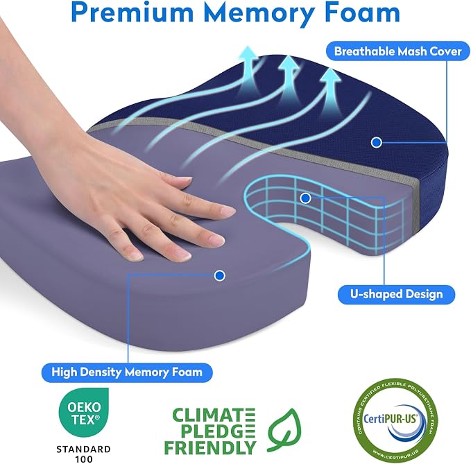 CushZone XXL Memory Foam Seat Cushion for Office & Car, Blue | U-shaped Coccyx Cutout, Contoured Design, Breathable Removable Mesh Cover, Non-Slip Base, Carry Handle - Image 2