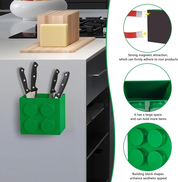 Magnetic Basket Organizer for Fridge - Lego-Style ABS Plastic Storage Box,No Drill Design for Kitchen Counter, Microwave & Whiteboard, Holds Up to 3.5 lbs (Green) - Image 8