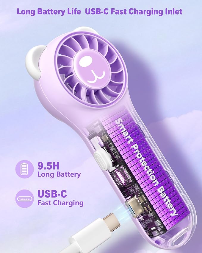 Portable Handheld Fan, Cute Bear Mini Fan with 11000 RPM High Speed, Rechargeable Personal Fan with 4 Speeds, Pocket Small Fan for Travel, Makeup, Lash, Gifts for Women Girl - Purple - Image 4