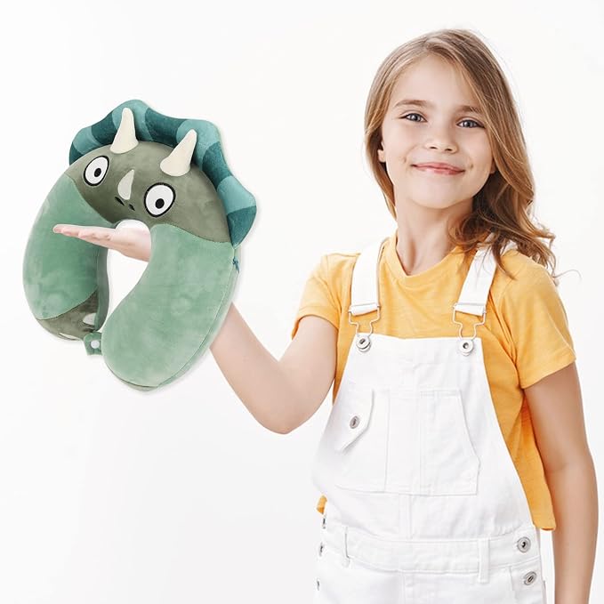 Sexysamba Cartoon Headrest & Neck Pillow for Kids Boys & Girls, Teens, Travel Accessories for Airplane, Car, Recline, Memory Foam Cute Travel Pillow with Sleep Eye Mask - Green Triceratops - Image 5