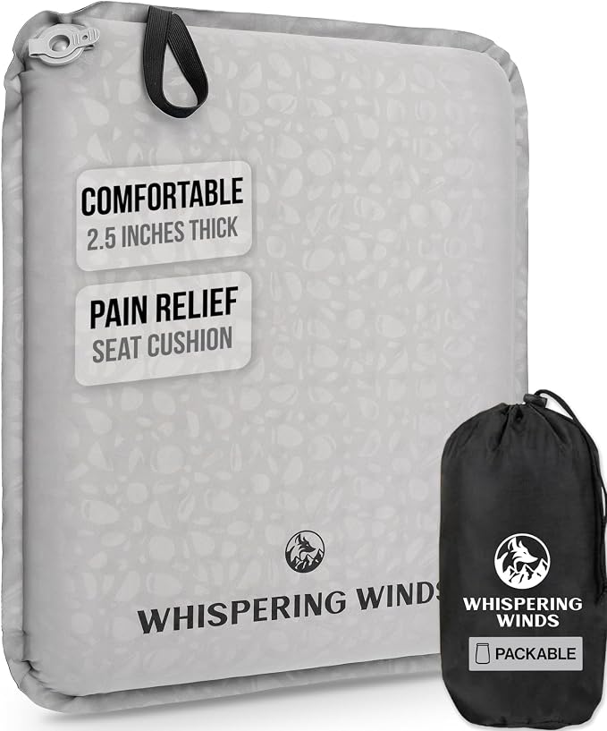 Whispering Winds Inflatable Seat Cushion | Comfortable & Packable Blow-up Foam Pad for Airplane Travel, Stadium Outdoors, Camping, Car & More by WhisperingWinds