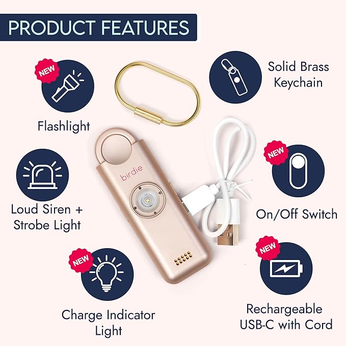 She’s Birdie 3.0 New Version – The Original Personal Safety Alarm for Women by Women–Loud Siren, Flash Light and Rechargeable Battery in a Variety of Colors (Metallic Rose Pink) - Image 3