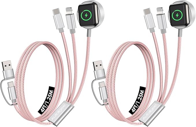 2Pack Travel Essentials,Multi Charging Cable for Apple Watch Charger Pink | 4FT for Airplane Gadgets RV Essentials for iWatch Ultra/10-2/iPhone 17-11/Samsung S25-S20,airPods,Car by Autallgee