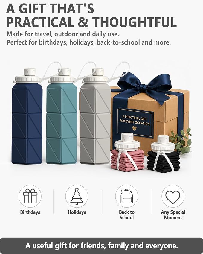 BEAUTAIL Collapsible Water Bottles 21oz/610mL, Silicone Travel Water Bottle | BPA Free, Leakproof & Reusable, Foldable Water Bottle for Traveling, Hiking, Gym, School, Sports, Outdoor, 1-Pack, Starlight - Image 8