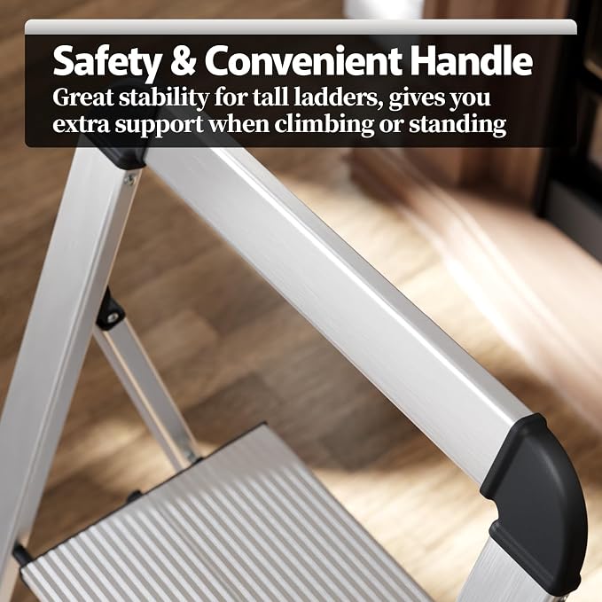 KINGRACK Aluminium 5 Step Ladder, Lightweight Step Stool with Non-Skid Pedals, Handrail, Foldable Step Ladder for Kitchen, Garage, Home, Space Saving, Sturdy and Portable, Silver - Image 6