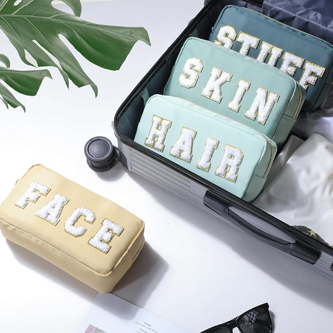 Preppy Makeup Bags Chenille Letter Stuff Bag Nylon Cosmetic Pouch Cases with Zipper for Women Travel Toiletry(Mint Color,Classic,4 Pcs) - Image 5