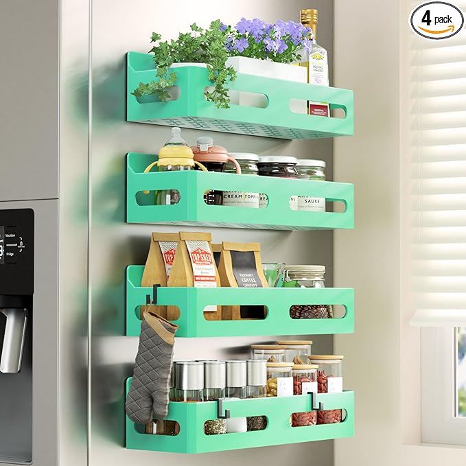 4-Pack Magnetic Spice Rack for Refrigerator with Hooks, Green | Strong multipurpose magnetic shelf for kitchen & bathroom organization. Includes 4 removable hooks for hanging items. by Sevenblue