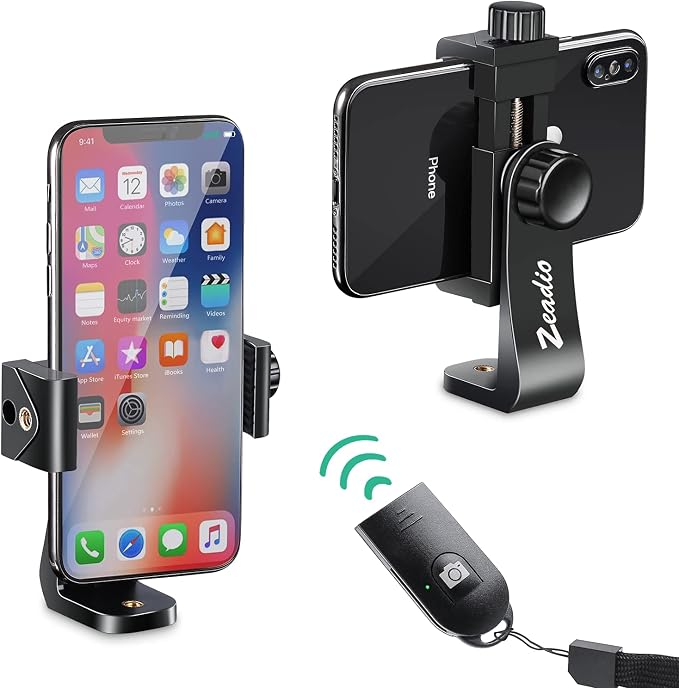 Zeadio Tripod Smartphone Mount, Cell Phone Holder Adapter, Selfie Stick Monopod Adjustable Clamp, Vertical and Horizontal Swivel Bracket, Fits for iPhone, Samsung, Huawei and All Phones by Zeadio