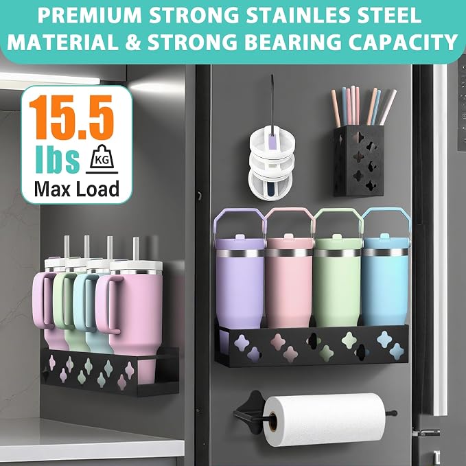 Magnetic Water Bottle Organizer for Fridge, Cup Holder for Stanley 30 40 Oz with Tumbler Lid & Straw & Paper Towel Holder, 8 Tumblers Kitchen Storage Rack for Stanley Cup Accessories, Space-Saving - Image 5