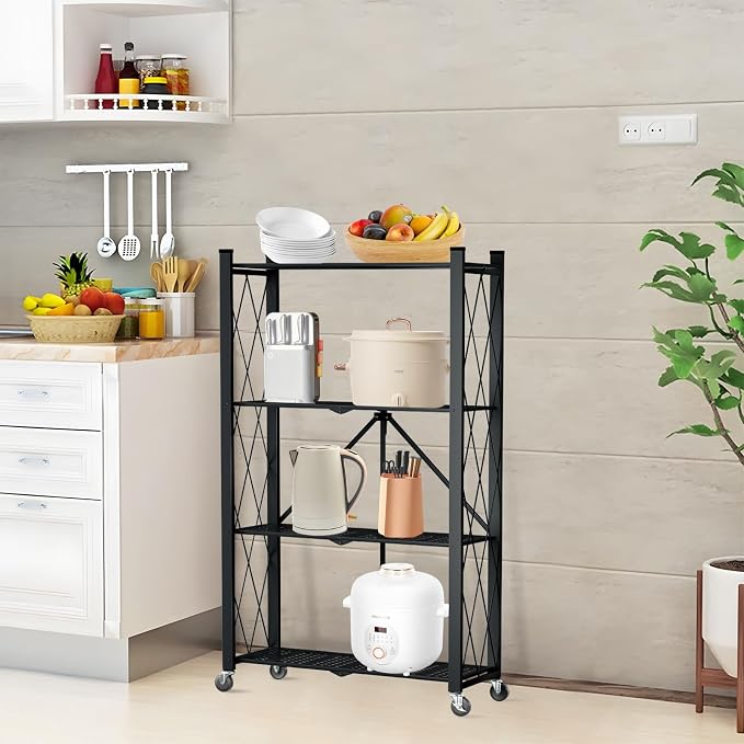4 Tier Foldable Storage Shelf with Wheels, Metal Steel Collapsible Shelves | Heavy Duty Folding Shelf Loads 600 LBS, Rolling Standing Utility Rack for Kitchen, Pantry, Office, Black - Image 8